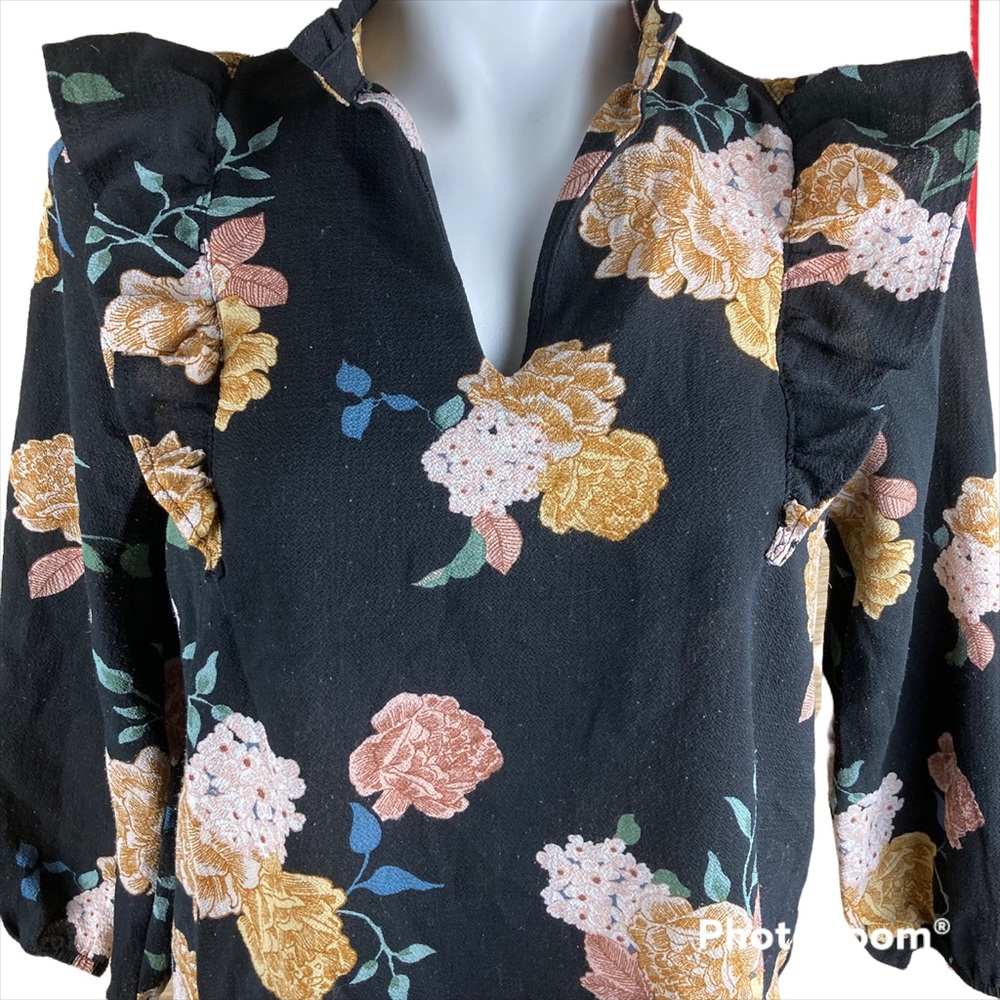 Vintage Monteau Los Angeles Black Floral Blouse Size L - Picture 3 of 4